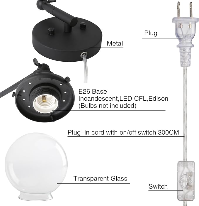 PERMO Industrial Wall Sconce Plug in Sconce Swing Arm Wall Light Fixture with 5.9" Glass Globe Shade for Bedroom, Living Room Office (Matte Black)