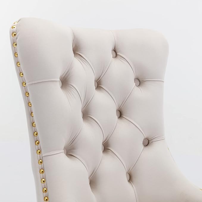 Set of 2 Solid Wood Contemporary Velvet Upholstered Dining Chair with Golden Stainless Steel Plating Legs,Distinction W/Nailhead Trim,for Living Romm,Apartment,Beige and Gold