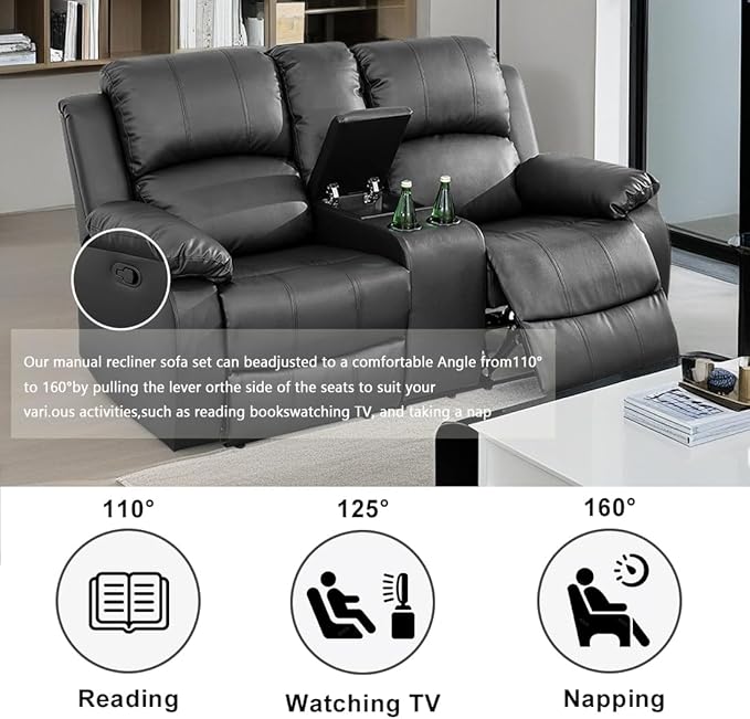 Black Recliner Loveseat Bonded Leather 2 Seater Reclining Sofa Wall Hugger Manual Reclining Couch Living Room Couch with Cup Holders & Storage Console for Home/Rv Car (Black, Loveseat)