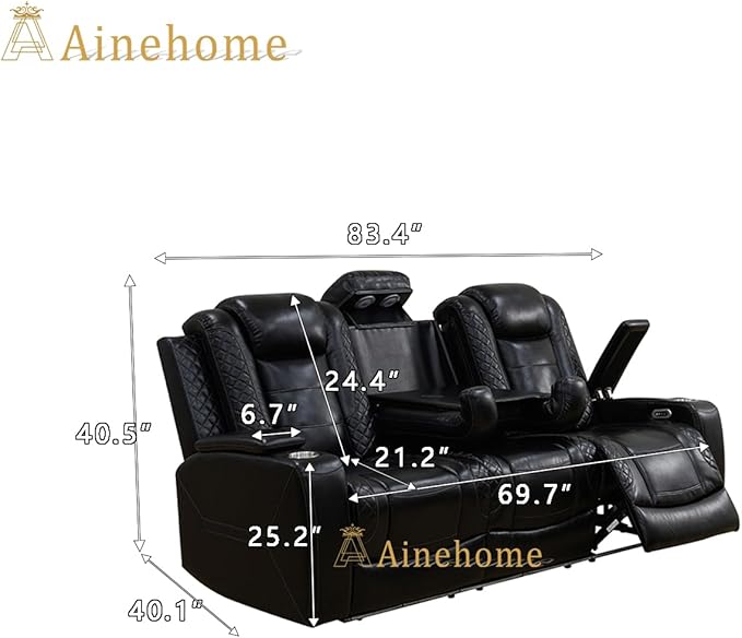 A Ainehome Power Leather Recliner Sofa Set, Recliner Sofa Sectional Couches for Living Room, Reclining Sofa, loveseat, Chair with Storage Console/Cup Holders(Black,Sofa)