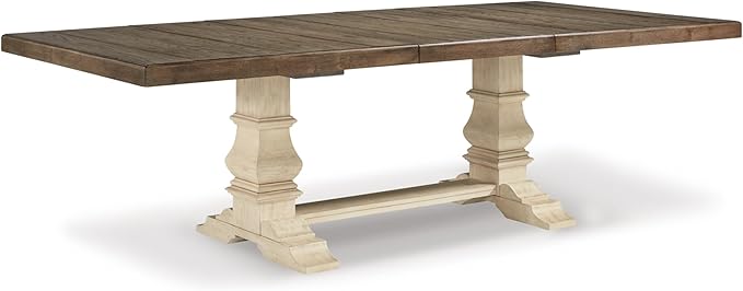 Signature Design by Ashley Bolanburg Farmhouse Extension Dining Table with Removable Center Leaf and Trestle Base, Dark Brown & White