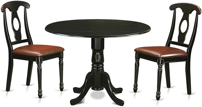 East West Furniture DLKE3-BLK-LC 3 Piece Kitchen Table & Chairs Set Contains a Round Dining Table with Dropleaf and 2 Faux Leather Dining Room Chairs, 42x42 Inch, Black