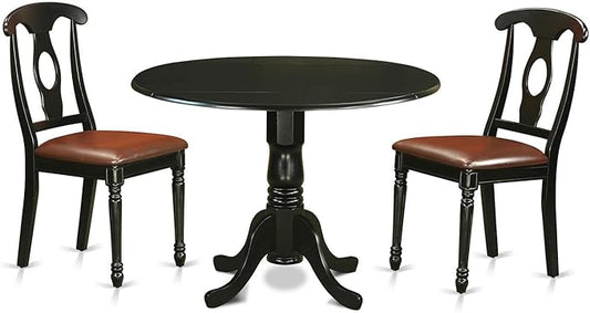 East West Furniture DLKE3-BLK-LC 3 Piece Kitchen Table & Chairs Set Contains a Round Dining Table with Dropleaf and 2 Faux Leather Dining Room Chairs, 42x42 Inch, Black