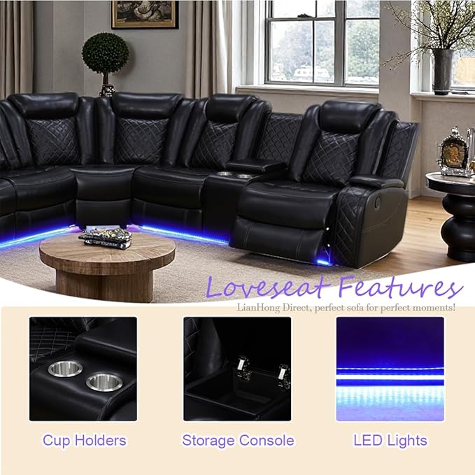 Power Sectional Sofa with LED, Power Recliner Sofa Couch Set for Living Room, Black Breathing Leather Sectional Couch, Loveseat and 2 Chair Sets with USB, Cup Holders, Storage for Home/Office