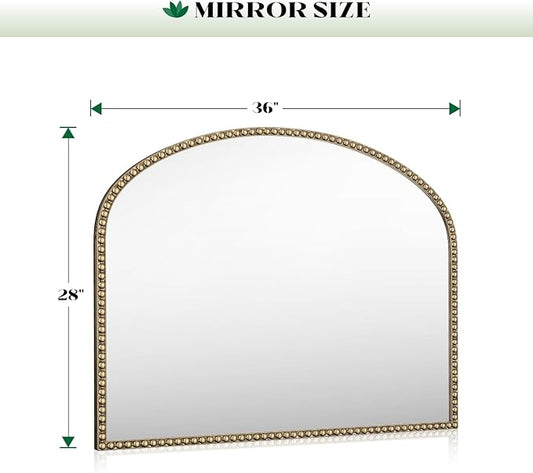 Arched Antique Gold Mirror with Beaded, 28"x36" Decorative Wall Mirrors, Champagne Bronze Brass Frame Vintage Mirror for Bedroom Dressing Room Entryway Fireplace