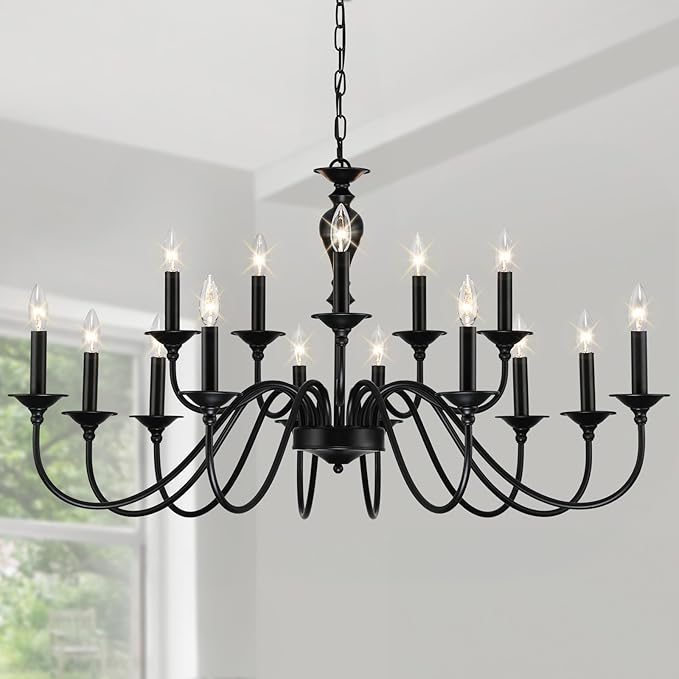 15 Light Black Farmhouse Chandelier | Large Chandeliers for Dining Room Light Fixtures Over Table | Vintage Candle Hanging Lighting for Living Room | Foyer | Staircase | Restaurant | Villa