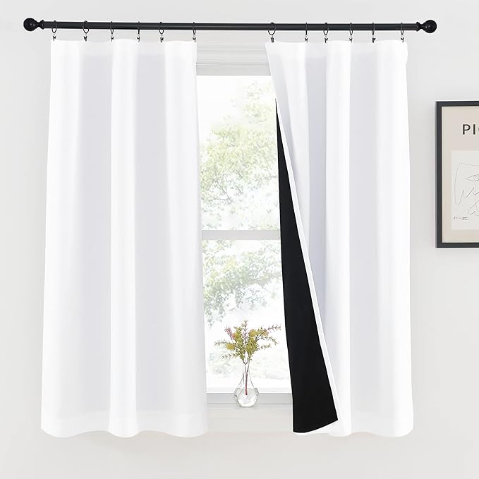 NICETOWN 100% Blackout Kitchen Curtains 54 inches Long, Completely Blackout Window Treatment Thermal Insulated Lined Rod Pocket Drapes for Infant (White, 1 Pair, 37 inches Width Each Panel)