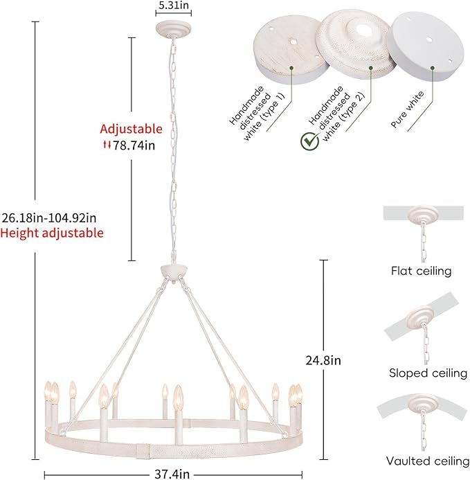 White Wagon Wheel Chandelier 37.4 inch, 12-Light Large Round Industrial White Farmhouse Chandeliers for Living Room Dining Room Foyer Entryway Outdoor Porch High Ceilings
