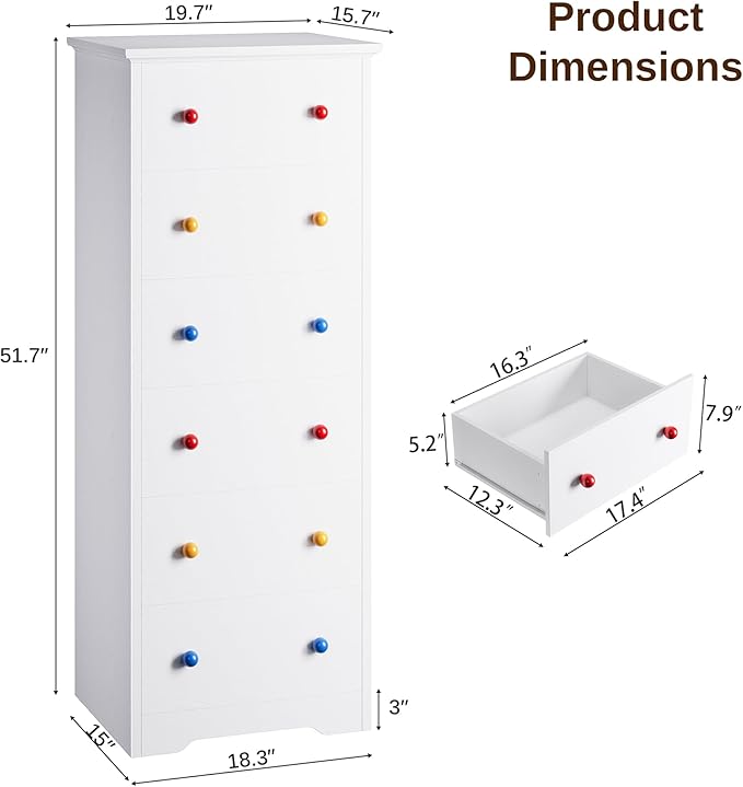 LIKIMIO Small Dresser Tall, 6 Drawer Tall Skinny Dresser with Colorful Handles, Chest of Drawers for Bedroom, 51.5" H Modern Wooden Floor Storage Cabinet with Metal Sliding Rail, White