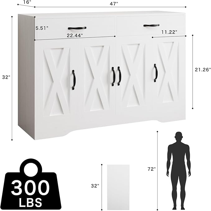 Sideboard Cabinet with Drawers, 47" W Sideboard Buffet Storage Cabinet with Storage for Kitchen, Farmhouse Coffee Bar Cabinets with Shlves and Doors for Hallway, White