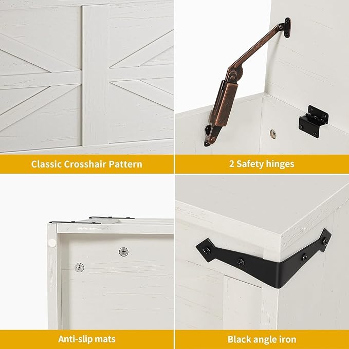 DWVO Wooden Storage Bench, Farmhouse Storage Chest with Safety Hinges, Entryway Shoe Organizer, Multi-Use Storage for Living Room/Bedroom, 47.2" L, White and Walnut