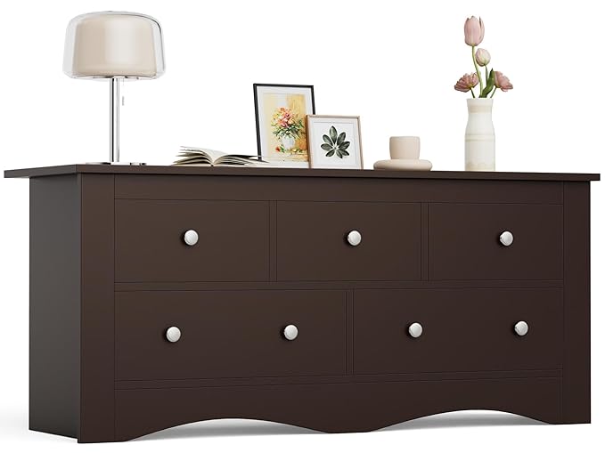 Furmax Dresser for Bedroom, 5 Wood Dresser, Chest of Drawers, for TV up to 65 inch, TV Stand Storage Chest of Drawers for Hallway Entryway (Brown)