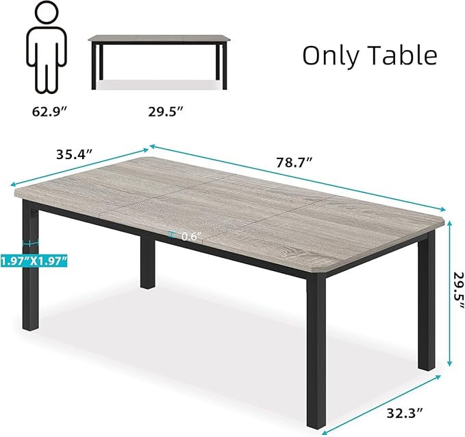 GarveeHome Industrial Dining Table for 6-8 People, 78.7" Long Kitchen Table with Sturdy Metal Frame & Seats 6 Rectangular Counter for Dinner, Kitchen (Only Table)