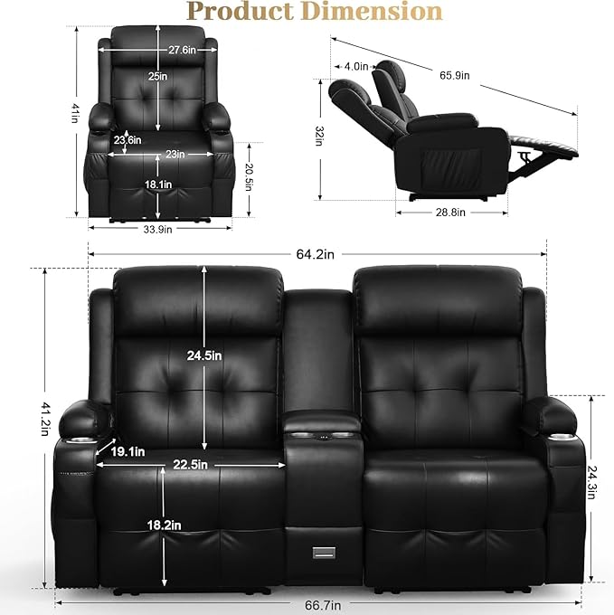 Reclining Loveseat, 2 Massage Loveseat Recliner Sofa Heavy Weight Capacity, RV Love Seat Clearance with Console, USB, Type C Port, Storage, Cup Holders, 1 Single Power Recliner Chairs Heat & Massage
