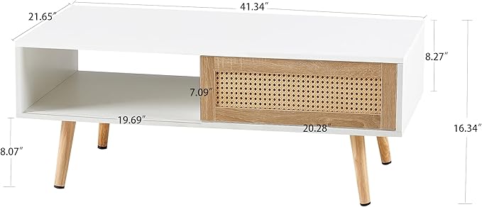Ball & Cast 41.34“ Rattan Coffee Table with Storage, Wooden Center Table with Sliding Door and Solid Wood Legs, Morden Accent End Table Living Room Coffee Table,White