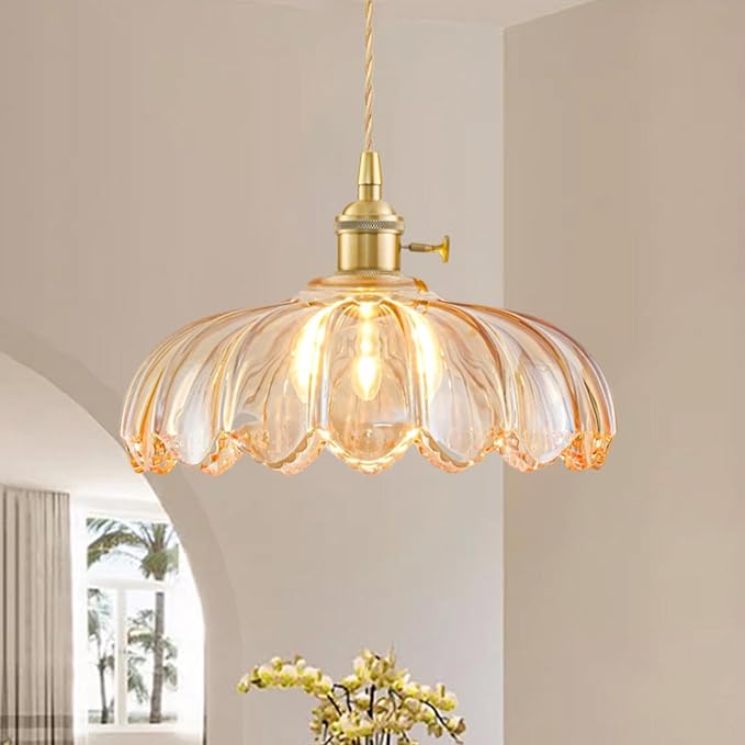 2 Pack Glass Pendant Lights Kitchen Island, Vintage Brass Pendant Light Fixtures, Adjustable Amber Kitchen Pendant Lighting Over Island for Bedroom Living Room Hallway Dining Room