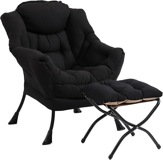 Lazy Chair with Ottoman, Modern Chair with Folding Footrest, Black Accent Chair, Comfortable Reading Chair, Oversized Armchairs for Bedroom, Study, Living Room, Courtyard