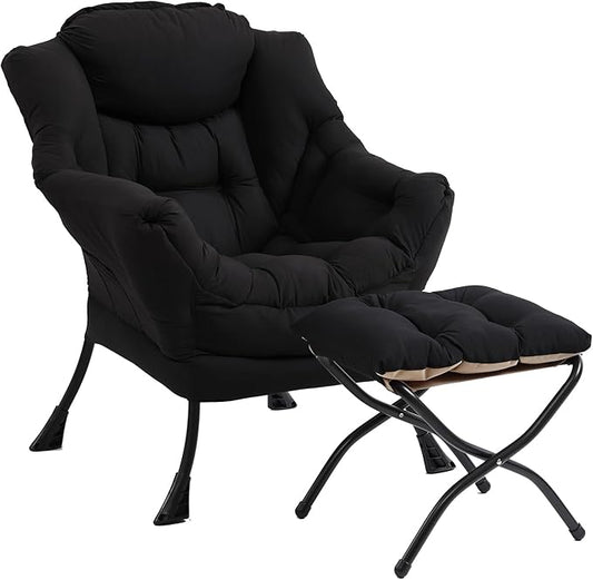 Lazy Chair with Ottoman, Modern Chair with Folding Footrest, Black Accent Chair, Comfortable Reading Chair, Oversized Armchairs for Bedroom, Study, Living Room, Courtyard