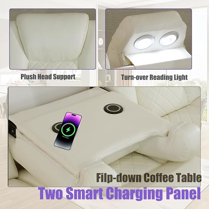 Power Recliner Sectional Sofa with LED for Living Room, Power Sectional Sofa with Chair Vanilla White, Reclining Corner Couch Set with Read Lights, USB Charging, Cup Holders for Home/Office