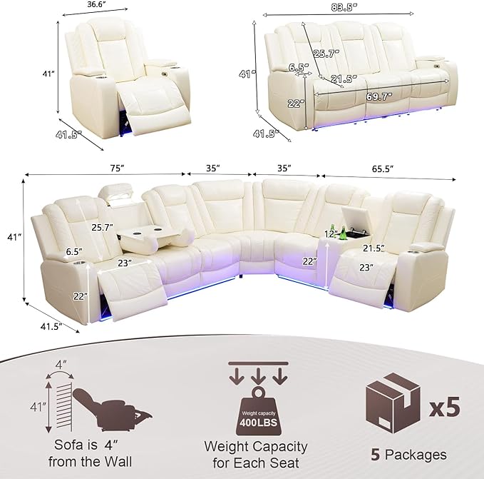 Power Recliner Sectional Sofa Set with LED Light,L Shaped Leather Sectional Couch Set with 5 Recliner Seats,Modular Couches with USB Ports for Living Room Furniture,Cream White