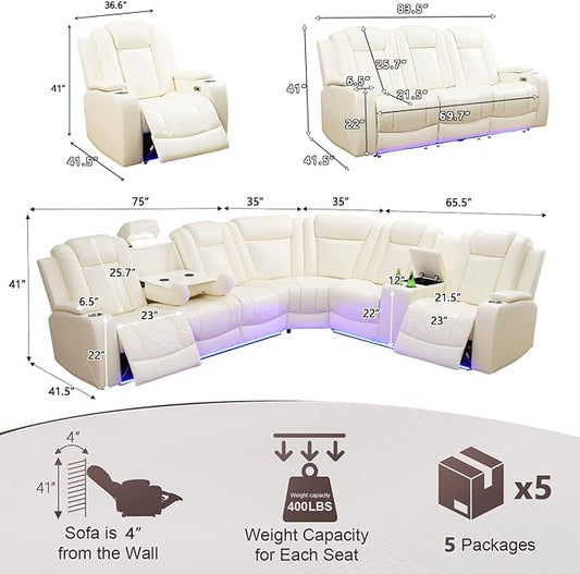 Power Recliner Sectional Sofa Set with LED Light,L Shaped Leather Sectional Couch Set with 5 Recliner Seats,Modular Couches with USB Ports for Living Room Furniture,Cream White