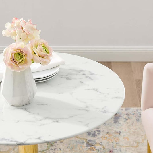 Modway Verne Round Artificial Marble 28" Dining Table in Gold White