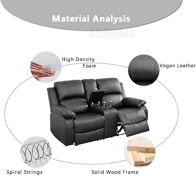 Black Recliner Loveseat Bonded Leather 2 Seater Reclining Sofa Wall Hugger Manual Reclining Couch Living Room Couch with Cup Holders & Storage Console for Home/Rv Car (Black, Loveseat)