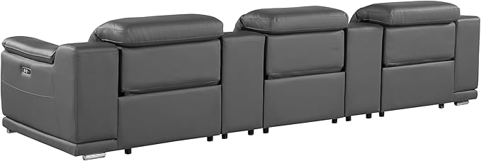 BlackJack Furniture Venice Top Grain Italian Leather Power Recline 5 Piece Sofa - 134" Theater Seating Modern Couch for Living Room Apartment Home with Adjustable Headrests & USB Port, Dark Grey
