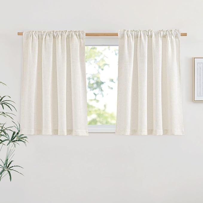 NICETOWN Linen Burlap Short Kitchen Curtains 36 inches Long, Rod Pocket & Back Tab Semi Sheer Flax Linen Weve Window Treatments Privacy with Light Filtering for Cafe, W42 x L36, 2 Panels