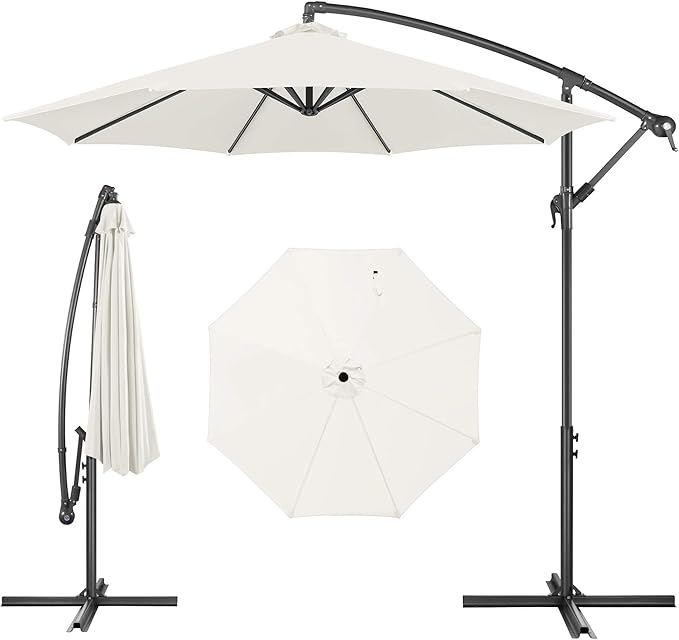 FLAME&SHADE 10ft Cantilever Patio Umbrella Outdoor, Large Offset Umbrella with Crank and Cross Base, UPF 50+ UV Protection Hanging Umbrella for Pool Deck Garden, Ivory