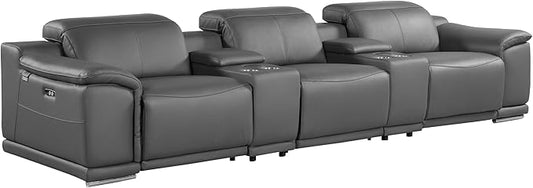 BlackJack Furniture Venice Top Grain Italian Leather Power Recline 8 Piece 5 Seater Sofa - 134" Theater Seating Modern Couch for Living Room Lounge with Adjustable Headrests & USB Port, Dark Grey