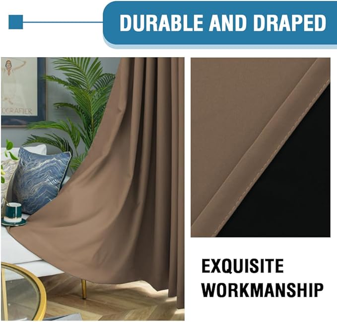 H.VERSAILTEX 100% Blackout Curtains for Bedroom Thermal Insulated Blackout Curtains 63 inch Length Heat and Full Light Blocking Curtains for Living Room with Black Liner 2 Panels Set, Macchiato
