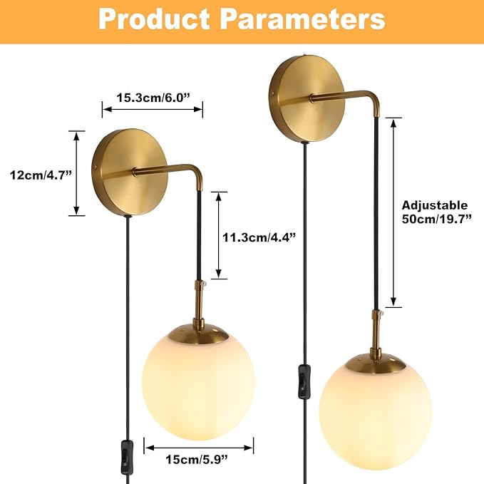 Wall Sconces Set of Two Plug in Wall Sconces Brushed Brass Gold Wall Lamp with Cord Wall Sconce Plug in with Globe White Glass Shade Sconces Set of 2 Wall Light Sconce