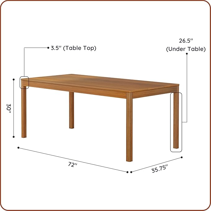 Grain & Grove Davie 72 Inch Rectangular Dining Table, Wooden Table for Kitchen/Dining Room, Home Office, Living Room Furniture, Pecan