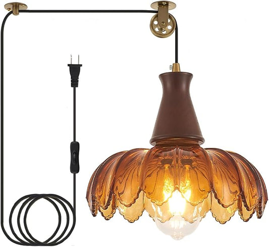 YLONG-ZS Vintage Hanging Lamp Plug in Hanging Light,Modern Flower Glass Pendant Light Plug in Walnut Wood Holder,Hanging Lamps with Pulley for Kitchen Island, Bedroom, Dining Room, Living Room，Corner