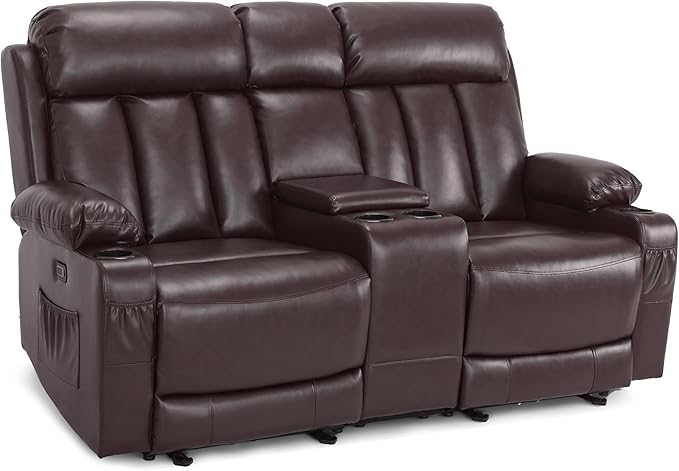 MCombo Zero Gravity Loveseat Recliner with with Console, Heat and Massage, Power Reclining Sofa for Living Room, Faux Leather 6095 (Dark Brown, Loveseat Recliner with Console)