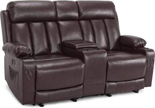 MCombo Zero Gravity Loveseat Recliner with with Console, Heat and Massage, Power Reclining Sofa for Living Room, Faux Leather 6095 (Dark Brown, Loveseat Recliner with Console)