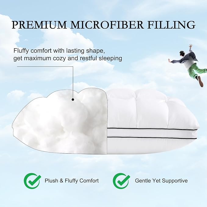 YOUR MOON Soft Support Pillow Queen Size Set of 2, 100% Cotton Cover Noiseless Pillows, Fluffy Down-Alternative Pillow for Sleeping, Luxury Hotel Bed Pillows for Side Sleepers (White)