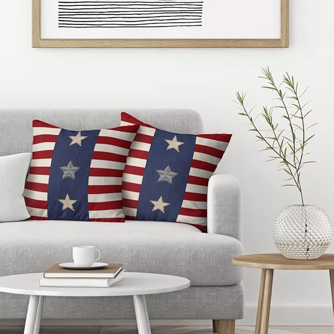 BETGINY 4th of July Pillow Covers 18x18 Set of 2, American Flag Stars and Stripes Freedom Throw Pillow Covers Linen Farmhouse Liberty Patriotic Independence Day for Couch Sofa Home Outdoor Decor
