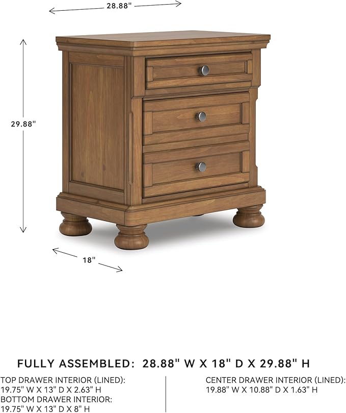 Signature Design by Ashley Glarrison Classic 3-Drawer Nightstand with Felt-Lined Top Drawer and Pull-Out Tray, Poplar Wood, Pine Veneer, Metal Knobs with Pewter-Tone Finish, 29.88" High, Light Brown