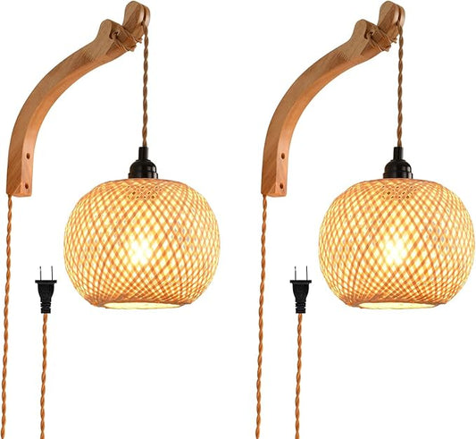 Plug in Wall Sconce,Farmhouse Wicker Wall Lamp Plug in,Hand Woven Rattan Wall Light Farmhouse Rustic Boho Sconces Wall Lighting for Living Room Bedroom