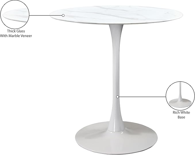 Meridian Furniture 929-T Holly Collection Modern | Contemporary Counter Height Table,10MM Thick Glass with Marble Veneer, 36" Round Faux Marble, Rich White Base, 36" W x 36" D x 36" H, White