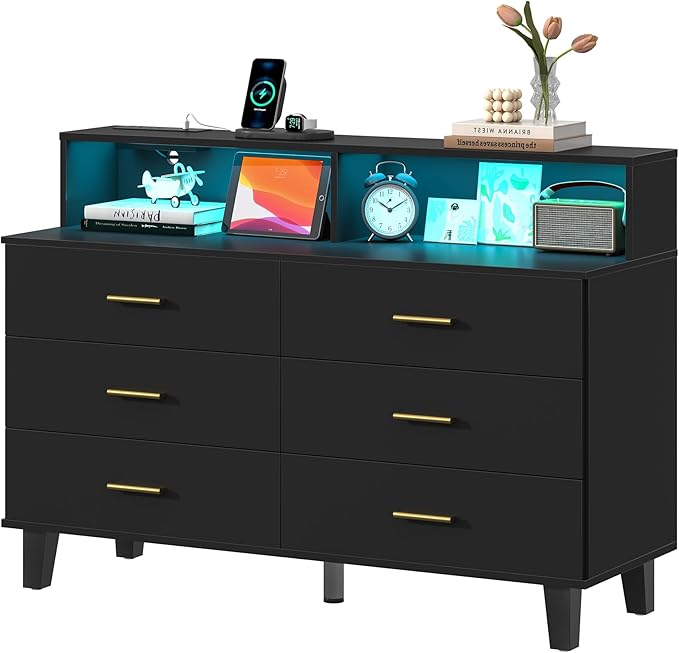 Black Dresser with LED Lights, 6 Drawer Dresser with Power Outlet for Bedroom, Large Wooden Chest of Drawers, Organizer Cabinet for Bedroom,Living Room,Hallway, Entryway