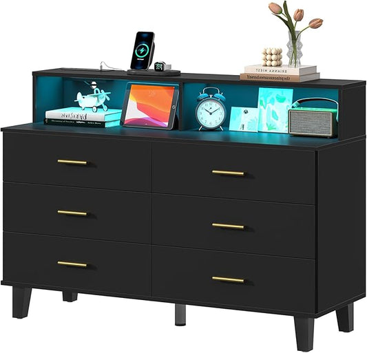 Black Dresser with LED Lights, 6 Drawer Dresser with Power Outlet for Bedroom, Large Wooden Chest of Drawers, Organizer Cabinet for Bedroom,Living Room,Hallway, Entryway
