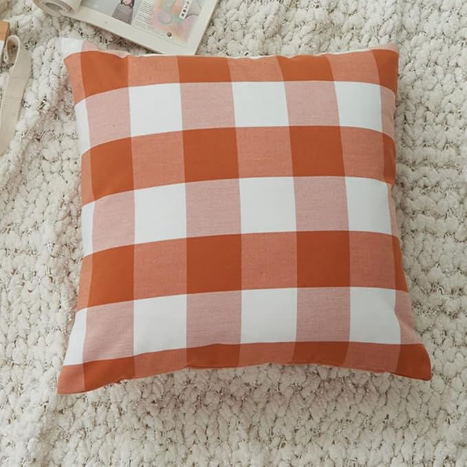 HOPLEE Orange Throw Pillow Covers 18x18 Farmhouse Cushion Cover with Buffalo Plaid, Solid Orange, Striped and Gingham Plaid Design 18x18 inch,4 Pack