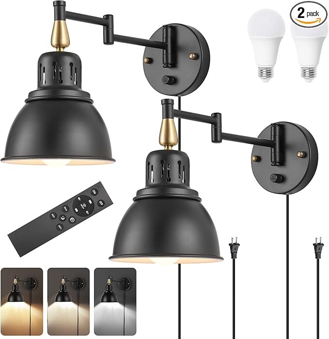 TRLIFE Wall Sconces Plug in, Remote Control Dimmable Wall Sconce and Adjustable Color Temperature 2700K-6500K Wall Lights with 6FT Plug in Cord, Swing Arm Wall Mounted Light(2 Pack, 2 Bulbs)