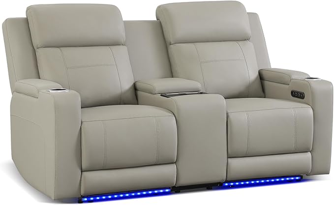 Dual Motor Power Reclining Loveseat with Wireless Charge, Power Loveseat Recliner Sofa with Adjustable Headrest/LED Light/Armrest Storage, Wall Hugger Couches for Living Room (Grey, 2 Seater)