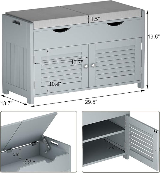 ChooChoo Shoe Storage Bench with Lift Top Storage, Entryway Bench with 2 Cushioned Seats, 3 Compartments, Adjustable Shelf, Shoe Cabinet for Entryway, Bedroom, Living Room, Grey