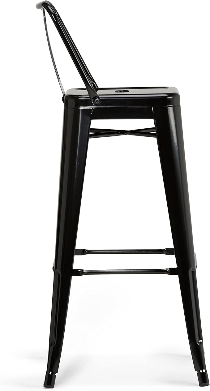SIMPLIHOME Rayne Bar Stools (Set of 2) - 30 inch Seat Height Industrial Metal Chairs in Black, Urban-Style Seating for Kitchen or Bar with Curved Back, Under-Seat Cross Brace, and Footrest