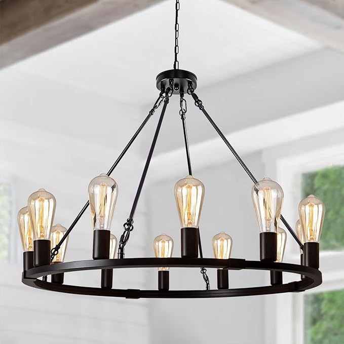 31.5" 12 Lights Wagon Wheel Chandelier, Black Round Rustic Industrial Vintage Farmhouse Chandeliers for Dining Room Foyer Living Room Kitchen Island